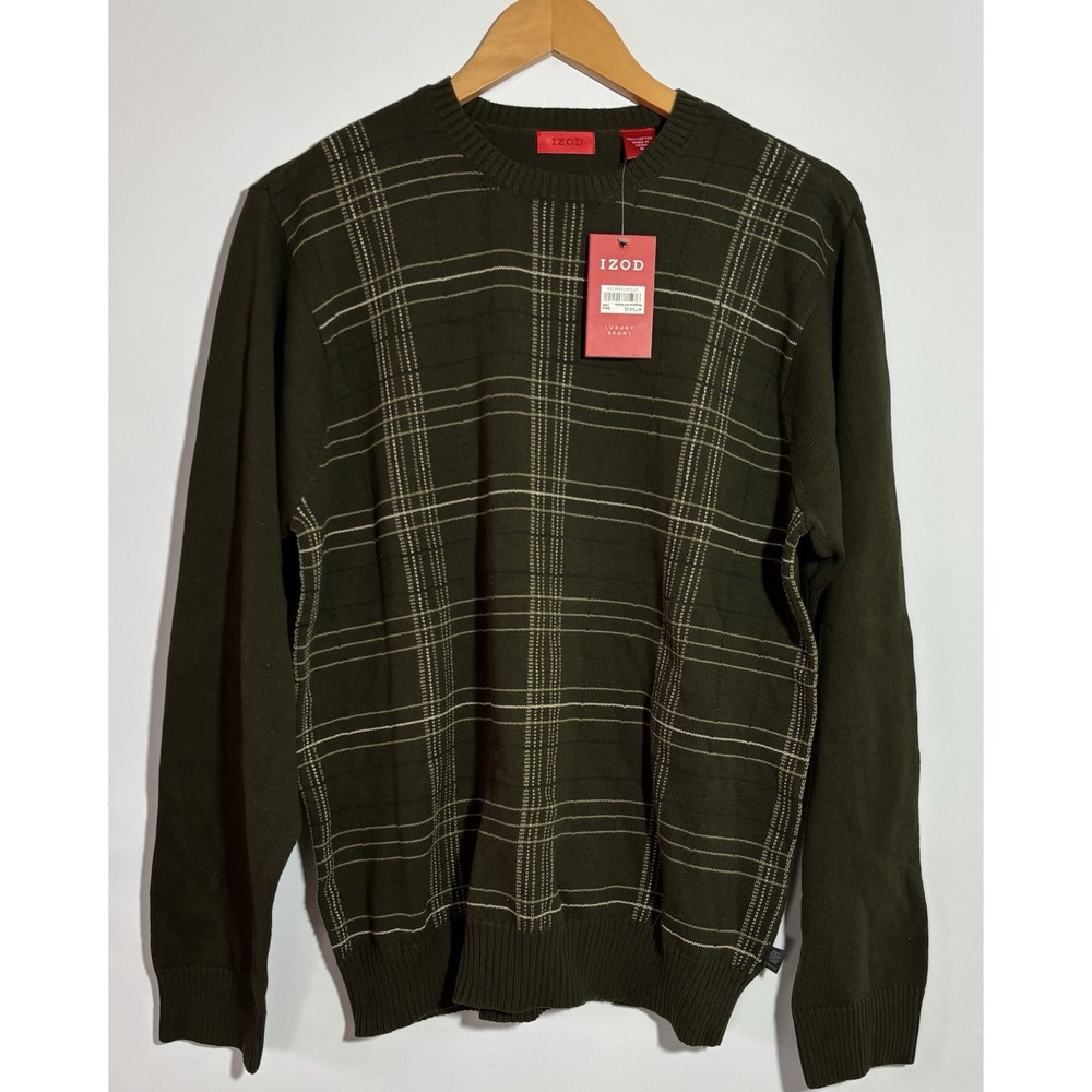 NWT IZOD Mens M Green Plaid Crew Neck Long Sleeve Sweater Grandpacore Dad Cotton